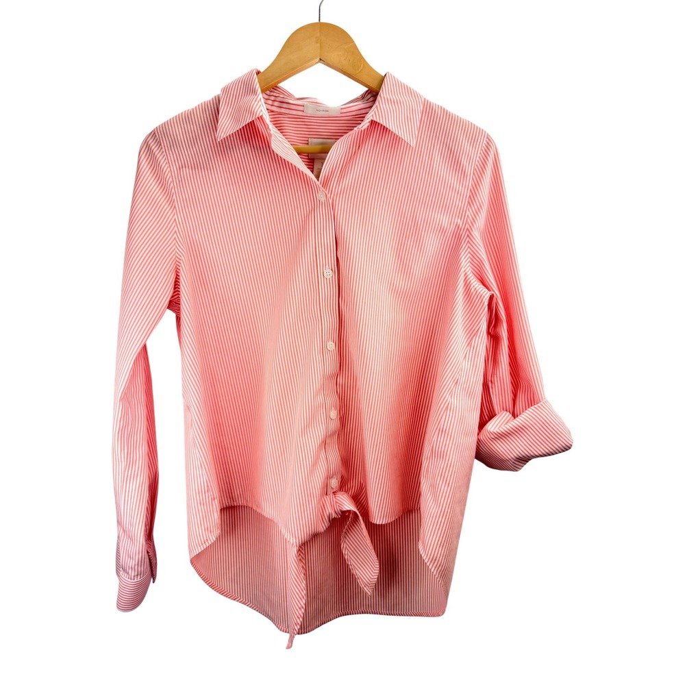 CHICO'S Pink White Stripe NO-IRON Button Front Shirt Blouse Sz 1 Cotton Preppy